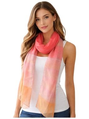 V. Fraas Ombre Colorblock Scarf Coral Peach Pink Lightweight Sheer Wrap